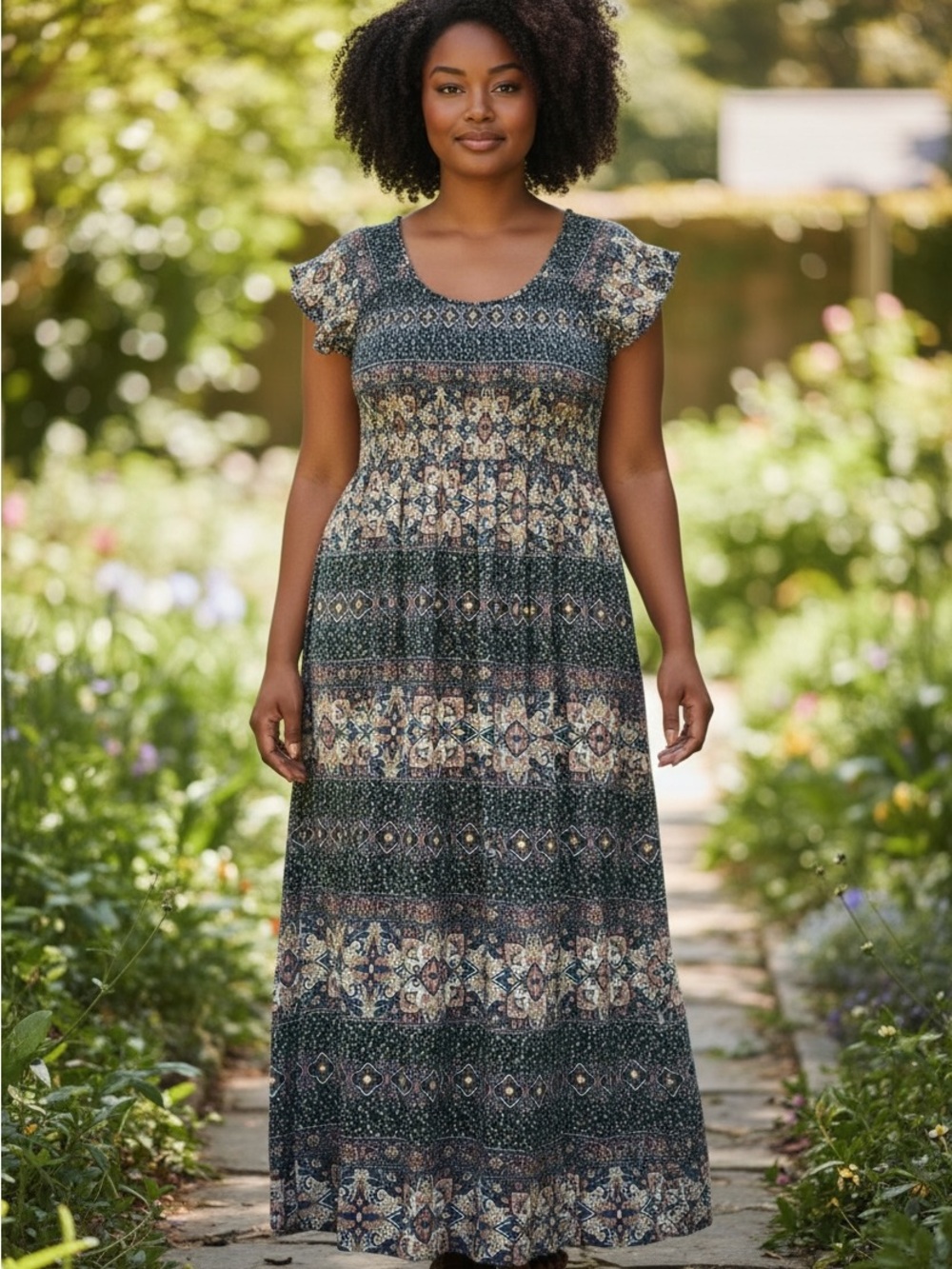 Soft Surroundings Boho Peasant Smocked Mosiac Medallion Print Maxi Summer Dress